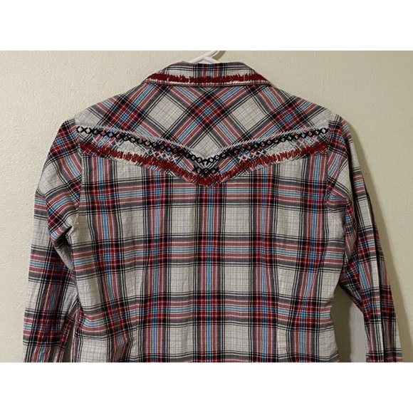 Ariat Women's Western Long Sleeve Metal Snap Button Small Plaid Shirt Red Gray - Picture 5 of 9